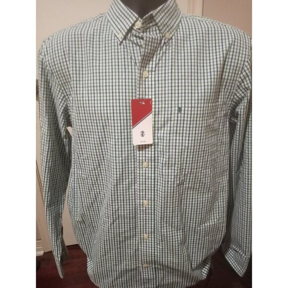 New Men's Izod button shirt Small S Long Sleeve blue/green/white plaid NWT - Picture 1 of 12